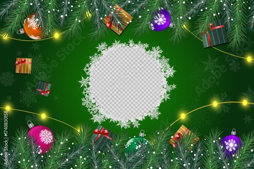 Holiday ornaments surround the transparent frame amidst pine needles and gifts on a green backdrop