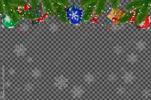 Evergreen boughs and gifts create a festive top border over transparent background with snowflakes