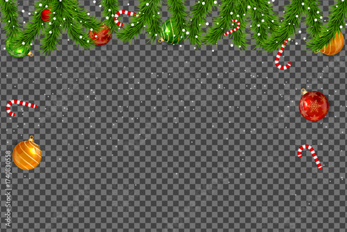 Christmas evergreen border decorated with ornaments and candy canes on a transparent background for easy layering