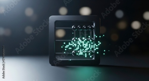 Digital abacus with glowing green pixels, symbolizing data processing, financial technology, and computational evolution.