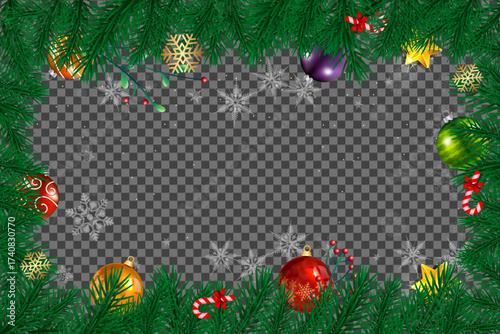 Frame of pine branches with colorful ornaments and snowflakes against a transparent backdrop