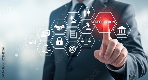 Businessman touching Regulation Hexagon Icon in Suit with Financial Symbols