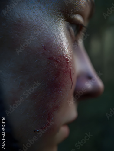 Close-up of a Young Woman's Face with Scratches and Blood, Depicting Injury, Trauma, or a Dramatic Scene in Natural Lighting