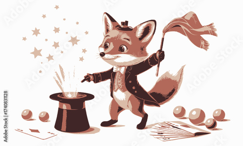 Fox Magician Illustration: Animal Character Performing Magic Trick with Hat and Wand