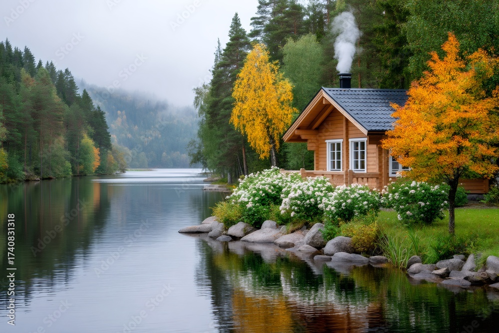 Obraz premium Wooden cabin by lake with smoke chimney during autumn