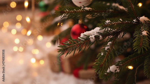Snowy Pine Tree Branch with Red Ornament and Christmas Lights Over Presents