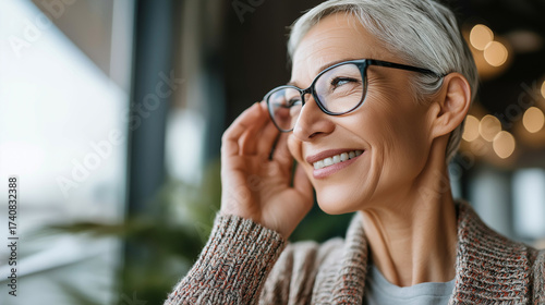 Senior woman wearing brand new prescription eyeglasses feeling excited happy and emotional to see clearly and sharply after successful eye surgery and vision correction at modern