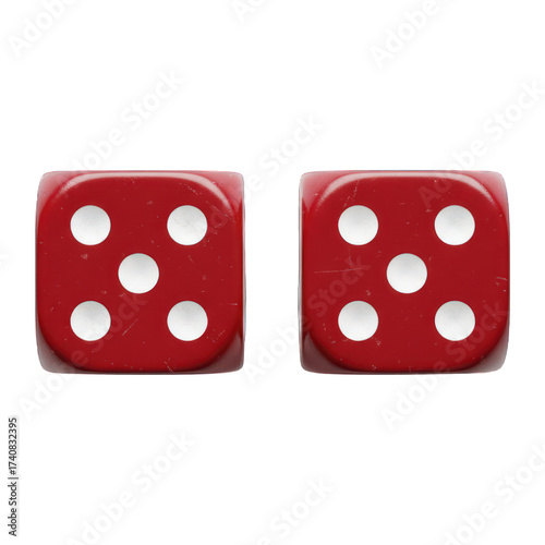 Two worn red square gaming dice, each showing five white pips, on a dark background