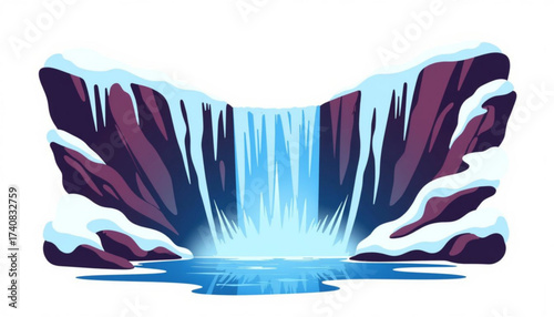 Frozen waterfall with icy rocks and flowing water in winter landscape  