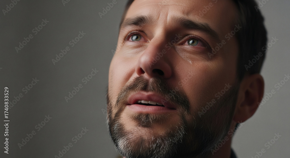 Fototapeta premium Close up of a man's face with tears streaming down his cheeks, conveying deep emotion and sorrow.
