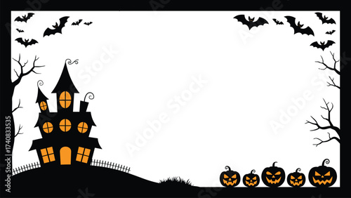 Halloween frame template with haunted house, bats, and pumpkins – vector