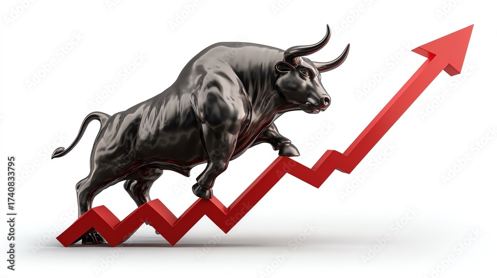 Obraz premium A powerful black bull, symbolizing strength and confidence, surges upwards along a red trend line, representing financial growth and market bullish trends in business and investing
