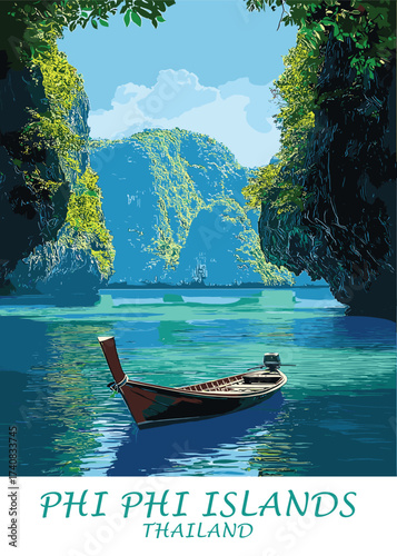Vector illustration of Phi Phi Islands in Thailand, serene waters, and a traditional longtail boat, perfect for promoting travel, tourism, and Southeast Asian culture.