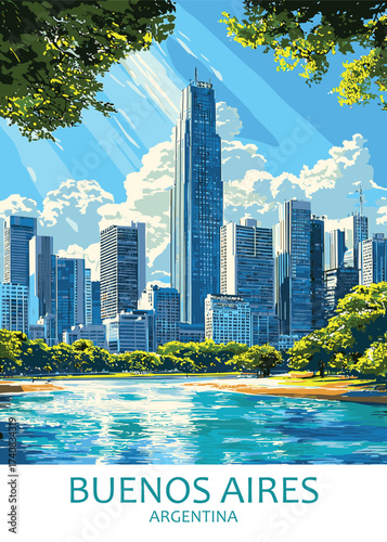 Striking vector illustration of Buenos Aires, Argentina capturing the modern skyline by the waterfront, ideal for travel brochures, city guides, and promotional materials