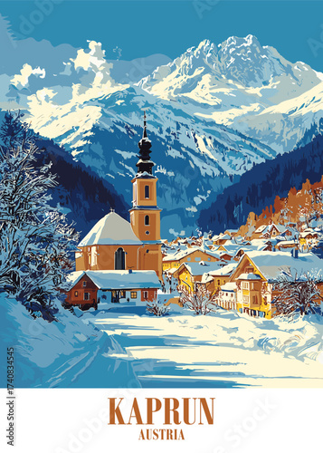 Charming vector illustration of Kaprun, Austria featuring a quaint village nestled in a snowy alpine landscape with a church and majestic mountains, ideal for travel brochures, postcards.