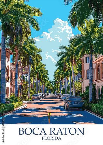 Elegant vector illustration of Boca Raton, Florida showcasing a palm-lined street with upscale homes and luxury cars under a clear sky, perfect for real estate ads, travel brochures.