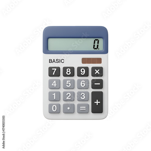 Fotografie 3d icon of 3d render of a basic calculator with a blue top and grey buttons, dis