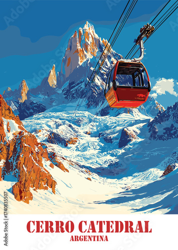 Vector illustration of Cerro Catedral, Argentina, showcasing a dramatic mountain landscape with a cable car ascending snowy peaks, capturing the excitement of winter sports and alpine scenery