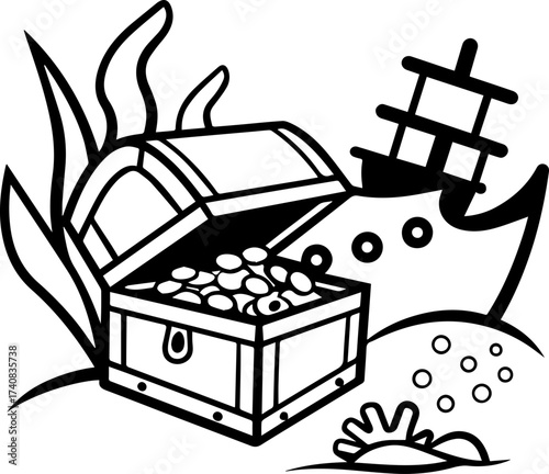 SVG vector illustration of a sea treasure chest.Treasure Chest Surrounded by Fish and Coral Underwater