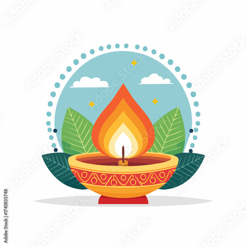 Illustration of a Traditional Oil Lamp with Flame for cultural Celebration