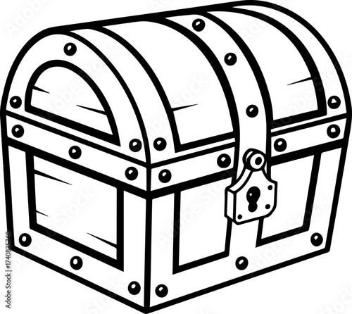 SVG vector illustration of a sea treasure chest.Treasure Chest with Gems and Sea Plants in Black and White