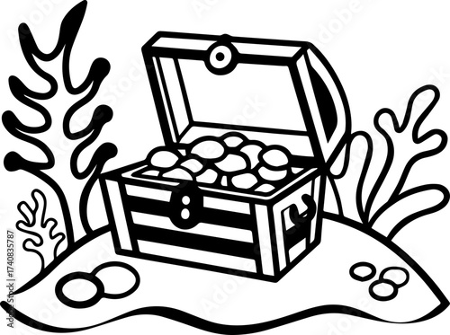 SVG vector illustration of a sea treasure chest.Treasure Chest with Fish and Sea Plant Illustration