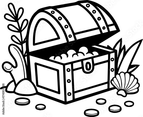 SVG vector illustration of a sea treasure chest.Cartoon Treasure Chest Surrounded by Ocean Coral Scene