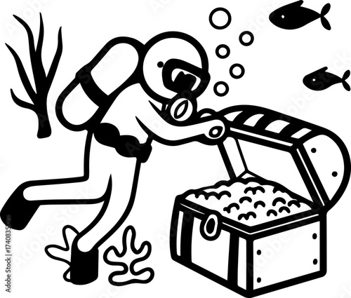SVG vector illustration of a sea treasure chest.Treasure Chest Filled with Gems and Pearls in Outline Style
