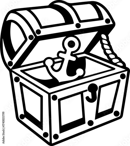 SVG vector illustration of a sea treasure chest.Open Treasure Chest Surrounded by Sea Vegetation and Shells