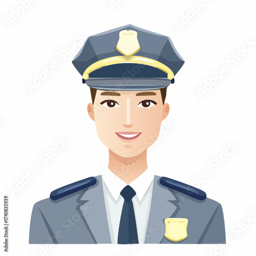 Cartoon avatar of a smiling young policeman. Male cop character in a professional uniform, isolated vector illustration