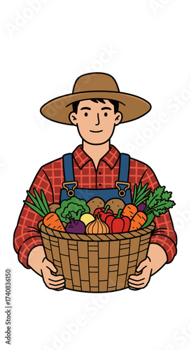A farmer holds a basket filled with assorted fresh vegetables