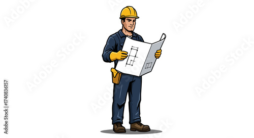 Man in hardhat work gloves and coveralls looks at blueprints