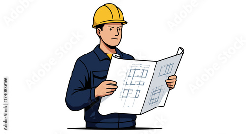 A man in a hard hat reviews blueprints wearing a blue jumpsuit