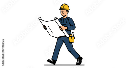 Man with hardhat in blue coveralls holding plans