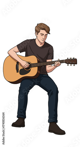 Man seated playing an acoustic guitar wearing jeans tshirt and boots
