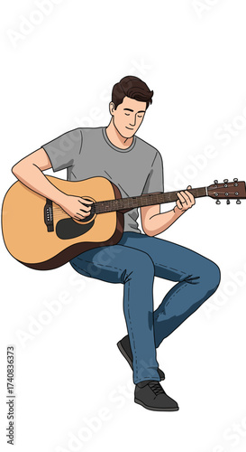 A man seated playing an acoustic guitar in a digital art style