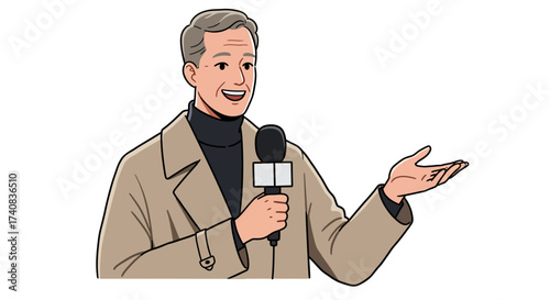 Man in coat holds microphone gestures with open palm