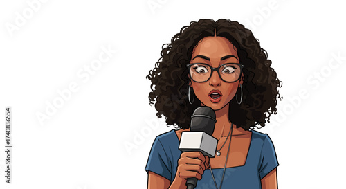 Animated woman with glasses and curly hair holding a microphone with a shocked expression
