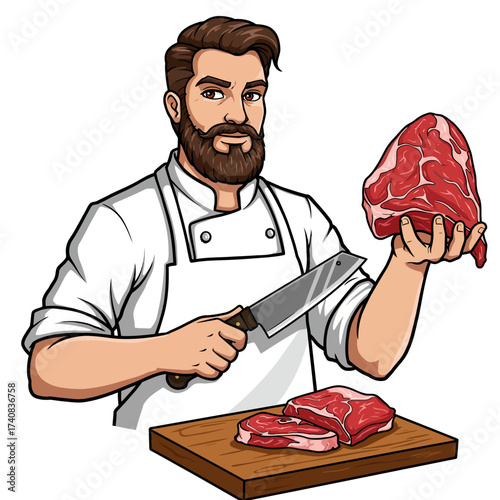 Cartoon butcher holds meat cut  knife near steaks on a board