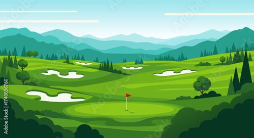 Picturesque Green Golf Course Illustration Featuring Rolling Hills, Strategic Bunkers, and Distant Mountain Scenery