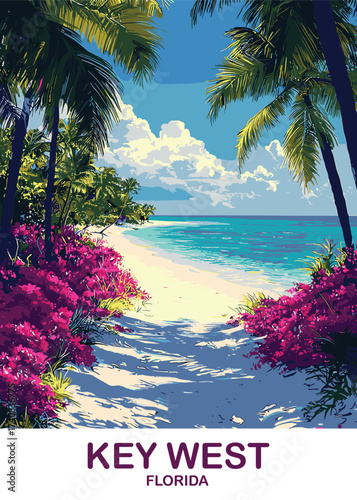 Eye-catching vector art of Key West, Florida, featuring a scenic beach path lined with vibrant purple flowers, leading to turquoise waters and lush palm trees against a blue sky