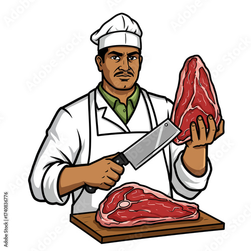 A butcher holding a meat cleaver and a steak another steak on a cutting board