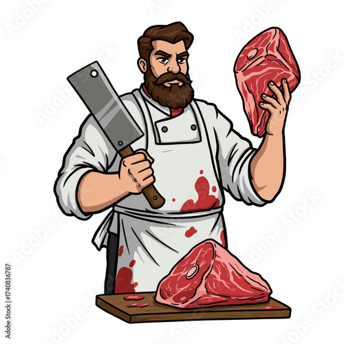 Butcher holding meat cleaver and cuts wearing bloody white apron