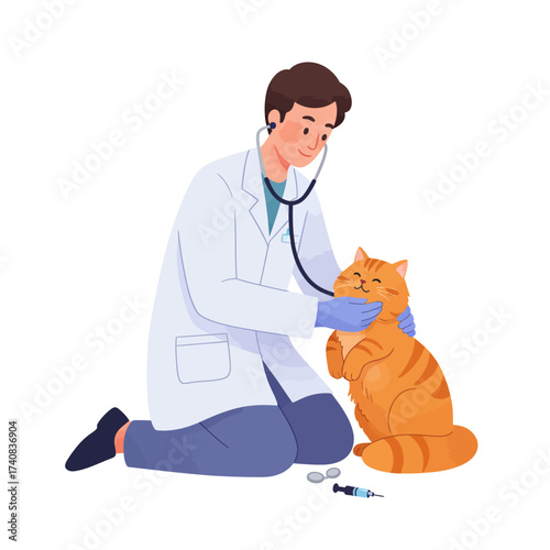 A vet in scrubs and a coat checks an orange tabby cat with medicine visible