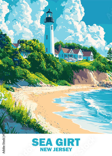 Quaint vector rendering of Sea Girt, New Jersey, highlighting a classic lighthouse and coastal homes nestled amid lush greenery, overlooking a peaceful beach and tranquil ocean waters