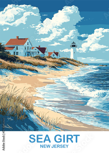 Enchanting vector portrayal of Sea Girt, New Jersey, showcasing a picturesque sandy beach with gentle waves, bordered by grassy dunes and classic coastal architecture, under a cloudy sky