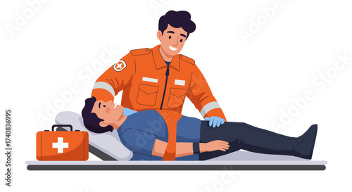 Cartoon Paramedic in orange uniform checks patient on stretcher with first aid kit