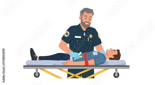 Paramedic attends to patient on a stretcher wearing gloves and a medical uniform