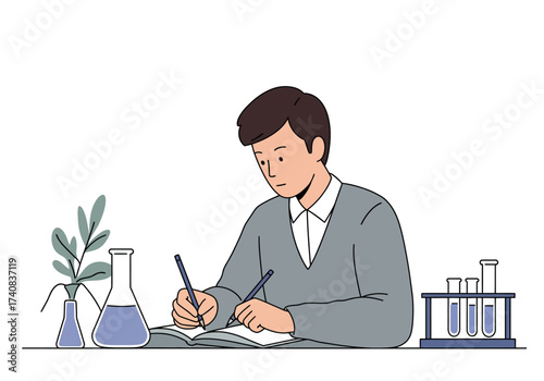 Man at desk studies science flasks plant and tubes nearby