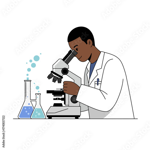 Illustration depicts a scientist using a microscope with beakers to the left